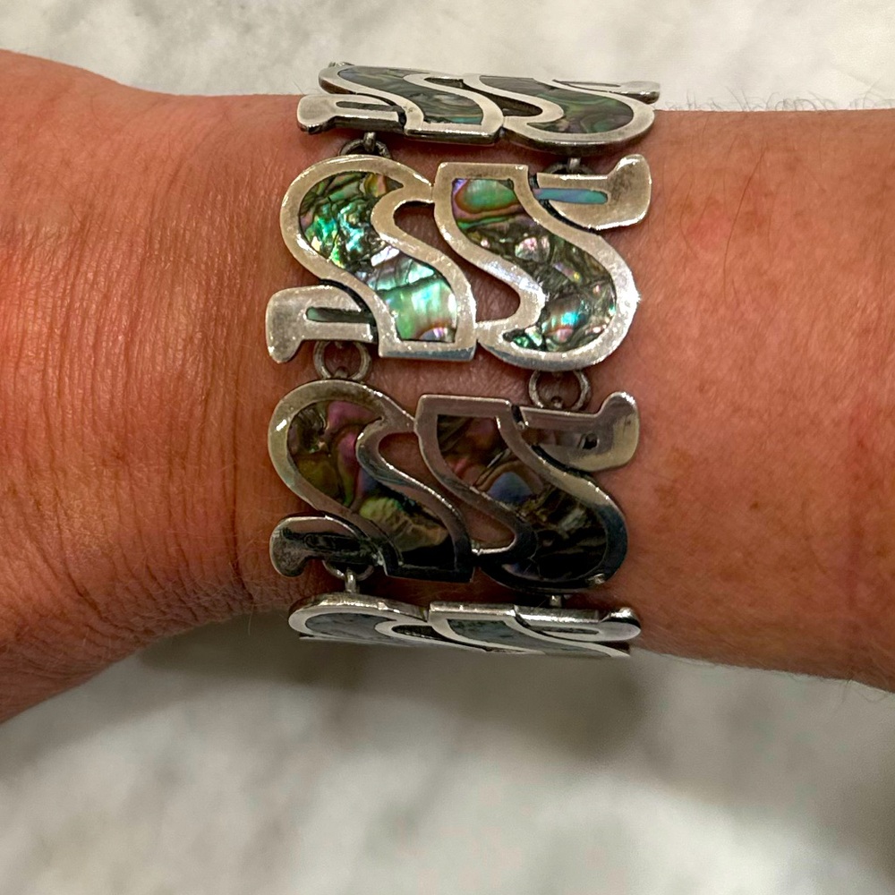 Melicio Rodriguez Taxco Midcentury Sterling Silver Bracelet Abalone Inlay